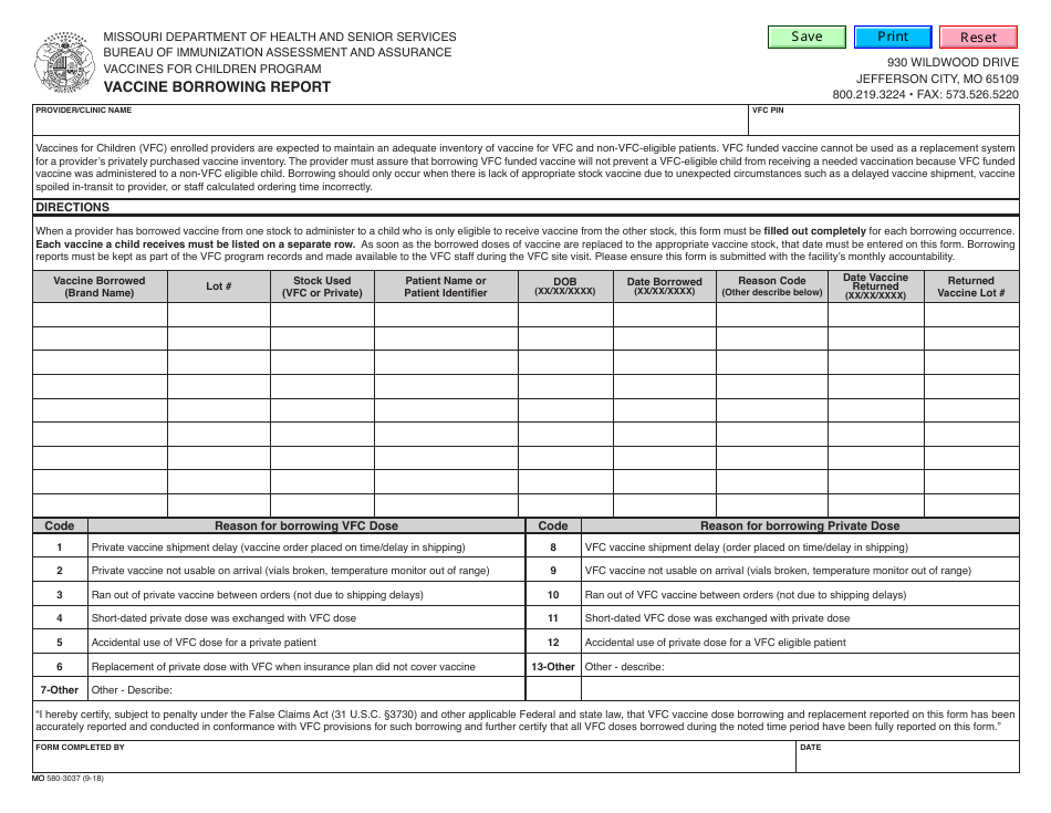Form MO580-3037 Vaccine Borrowing Report - Missouri, Page 1