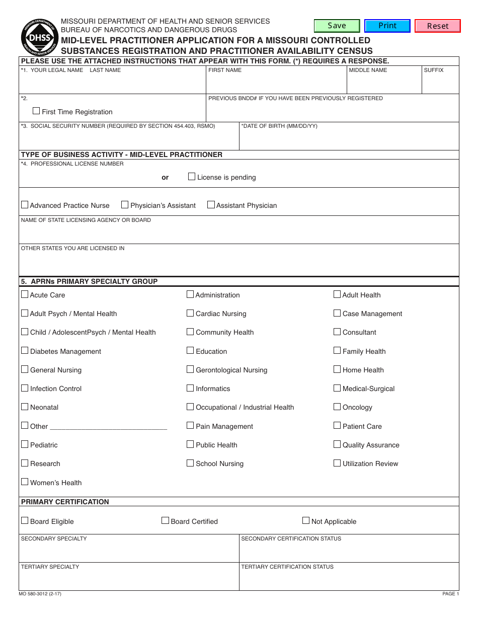 Form MO580-3012 Mid-level Practitioner Application for a Missouri Controlled Substances Registration and Practitioner Availability Census - Missouri, Page 3