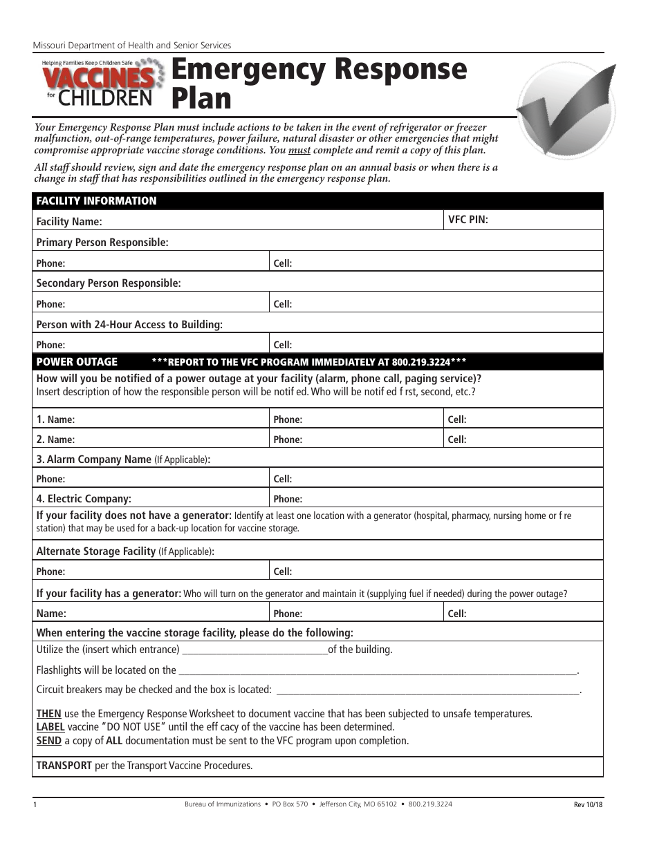 Emergency Response Plan Form - Missouri, Page 1