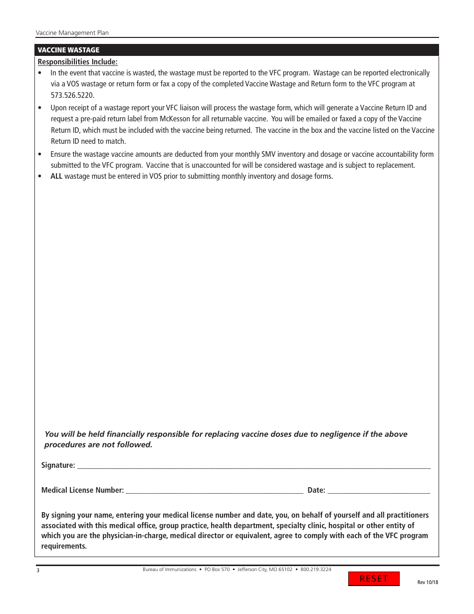 Vaccine Management Plan Form - Missouri, Page 3