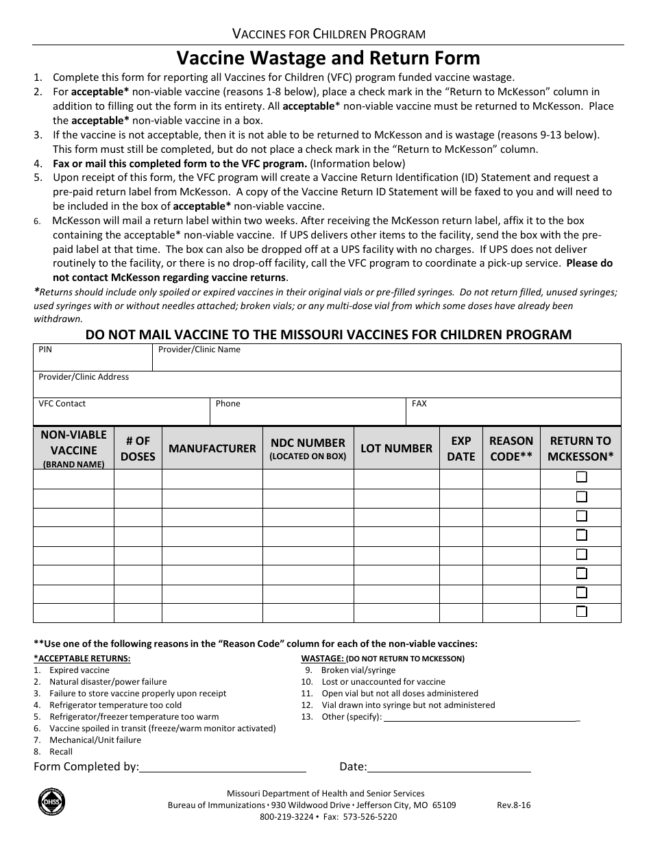 Vaccine Wastage and Return Form - Missouri, Page 1