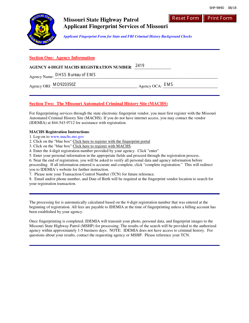 Form SHP-984D Applicant Fingerprint Form for State and Fbi Criminal History Background Checks - Missouri, Page 1