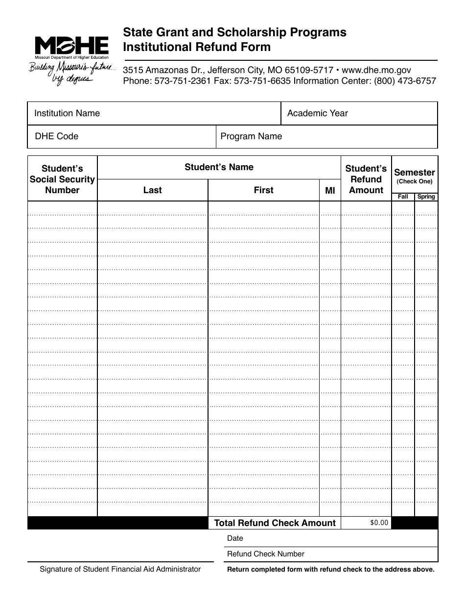 Institutional Refund Form - Missouri, Page 1