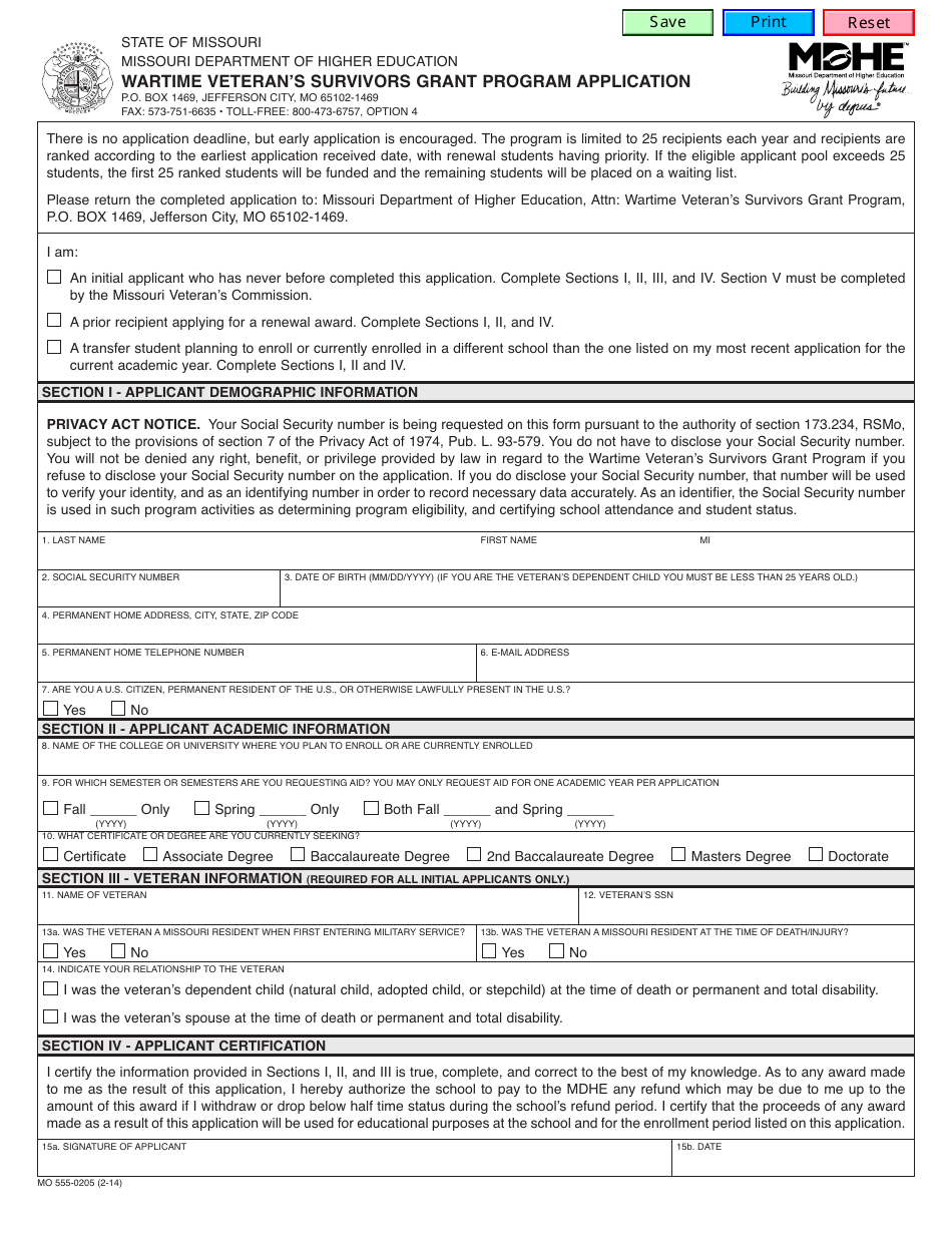 Form MO555-0205 Wartime Veterans Survivors Grant Program Application - Missouri, Page 1