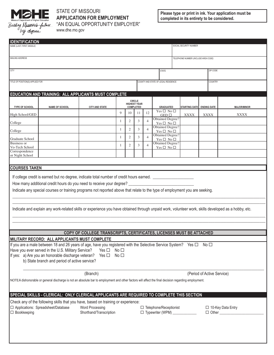 Missouri Application For Employment Fill Out Sign Online And   Application For Employment Missouri Print Big 