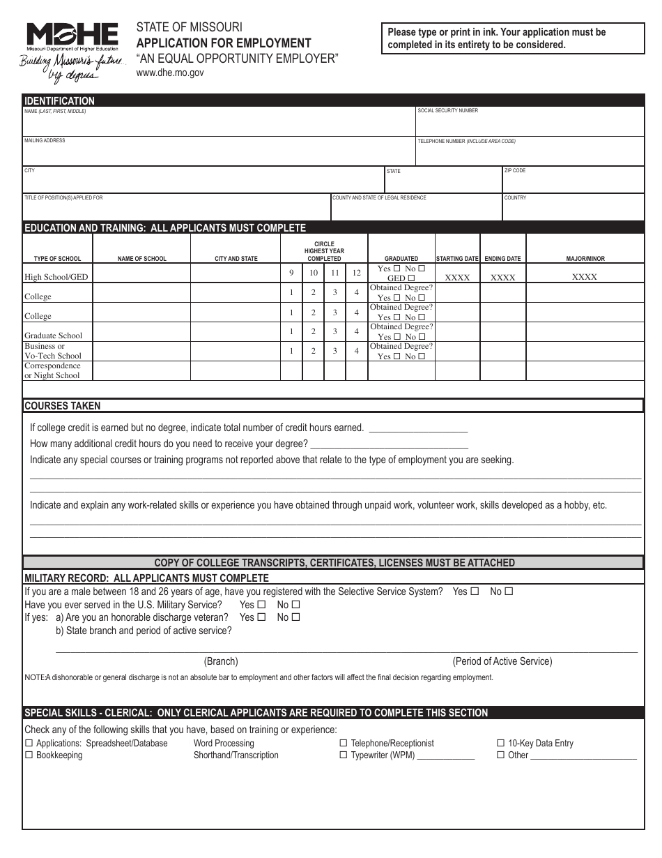Application for Employment - Missouri, Page 1