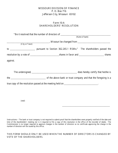 Form 10-A Shareholder's Resolution - Missouri