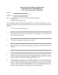 Document preview: Application of Foreign Corporation for Certificate of Reciprocity to Act as a Fiduciary in Missouri - Missouri
