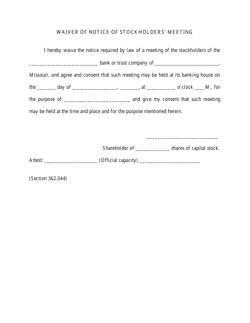 Waiver of Notice of Stockholders' Meeting - Missouri Download Pdf