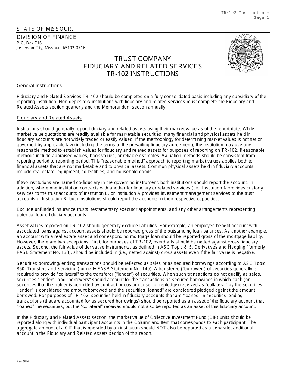 Instructions for Form TR-102 Trust Company Fiduciary and Related Services - Missouri, Page 1