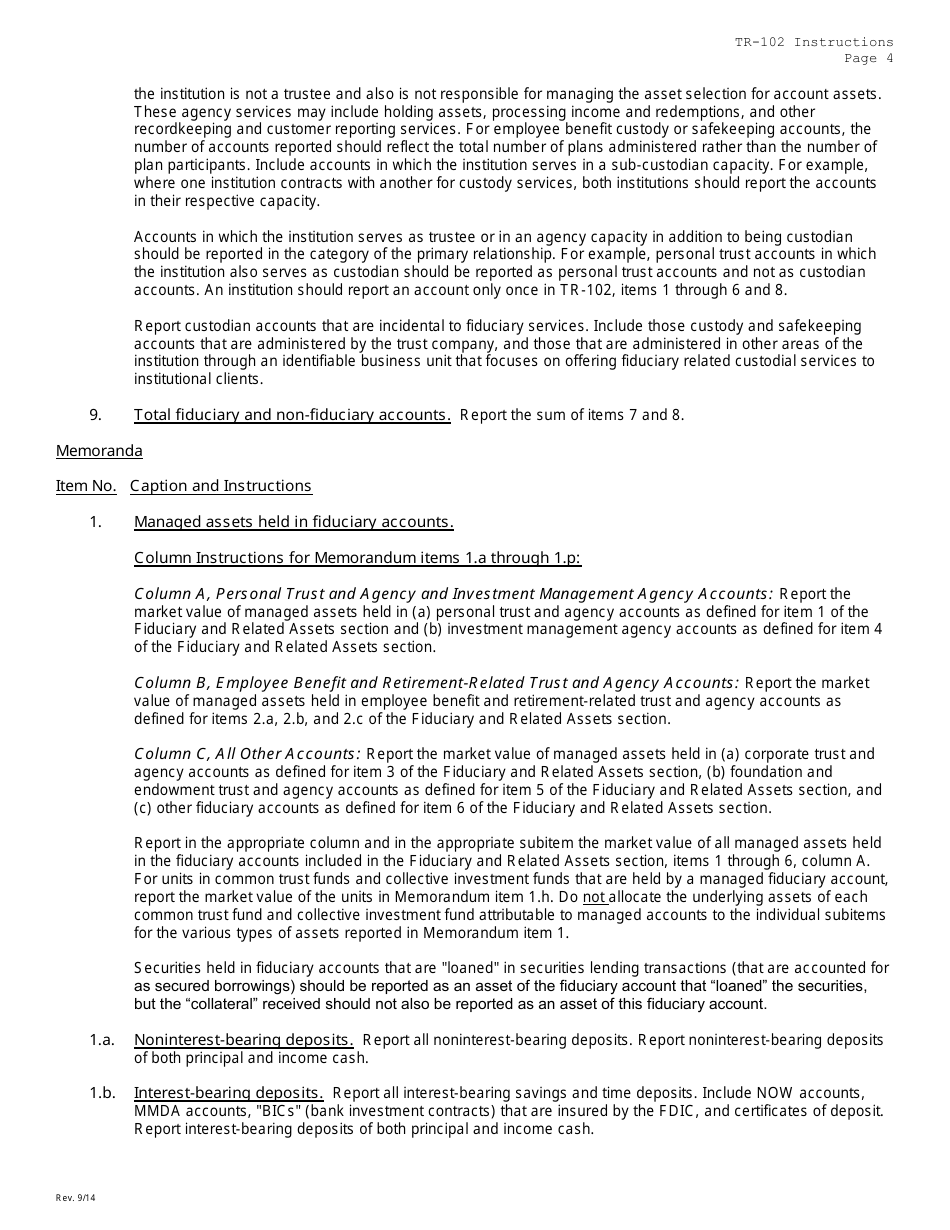 Instructions for Form TR-102 Trust Company Fiduciary and Related Services - Missouri, Page 4