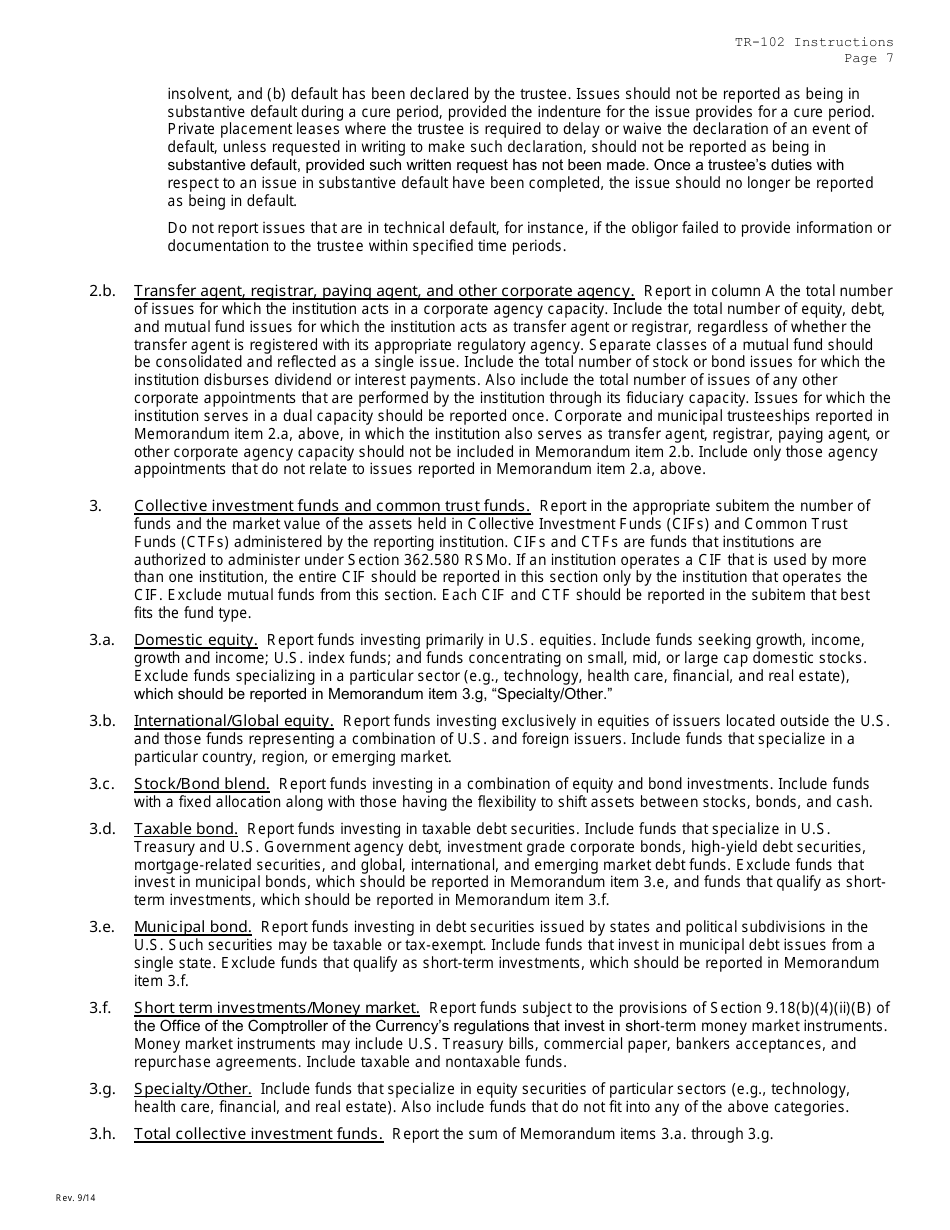 Instructions for Form TR-102 Trust Company Fiduciary and Related Services - Missouri, Page 7