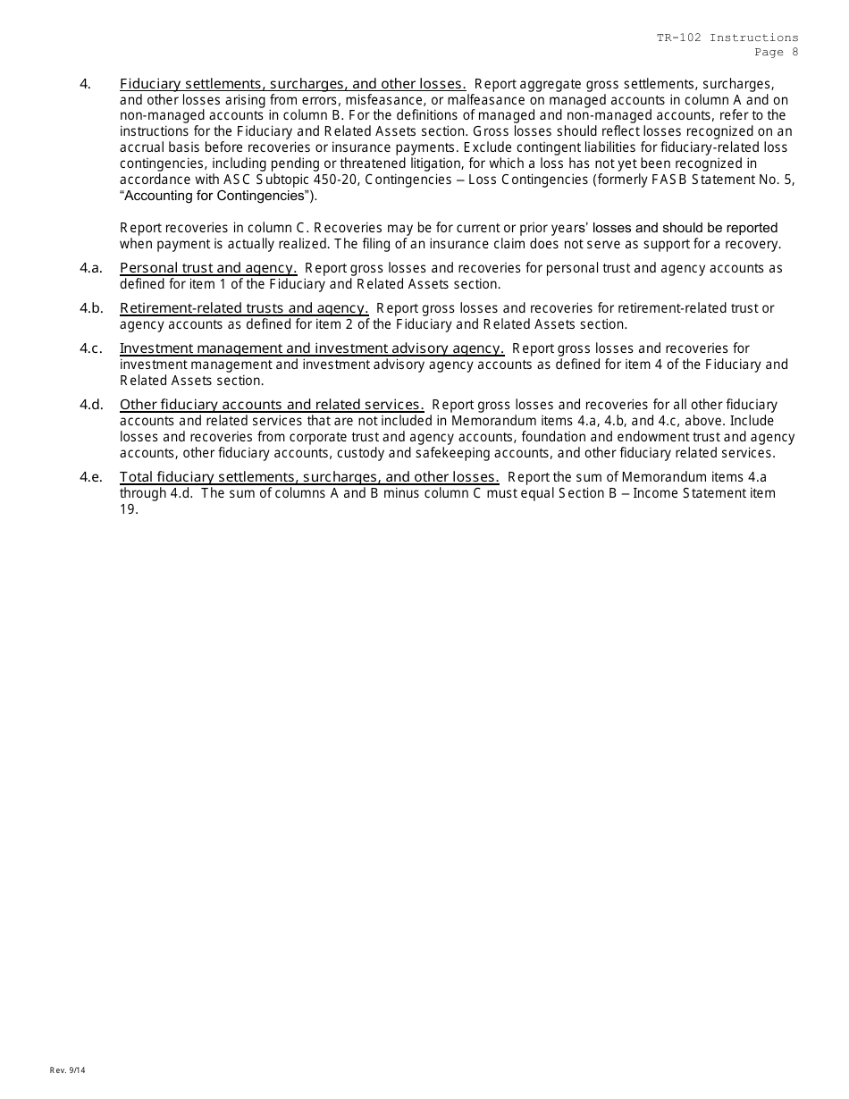 Instructions for Form TR-102 Trust Company Fiduciary and Related Services - Missouri, Page 8