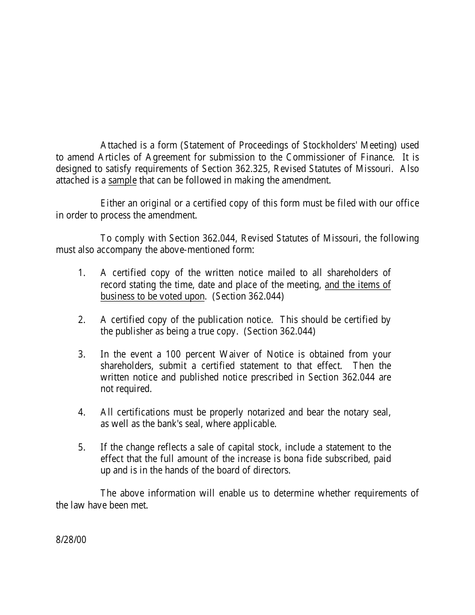 Missouri Statement of Proceedings of Stockholders' Meeting Download Printable PDF Templateroller