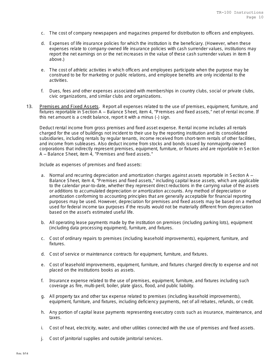 Instructions for Form TR-100 Trust Company Consolidated Report of Condition and Income - Missouri, Page 10