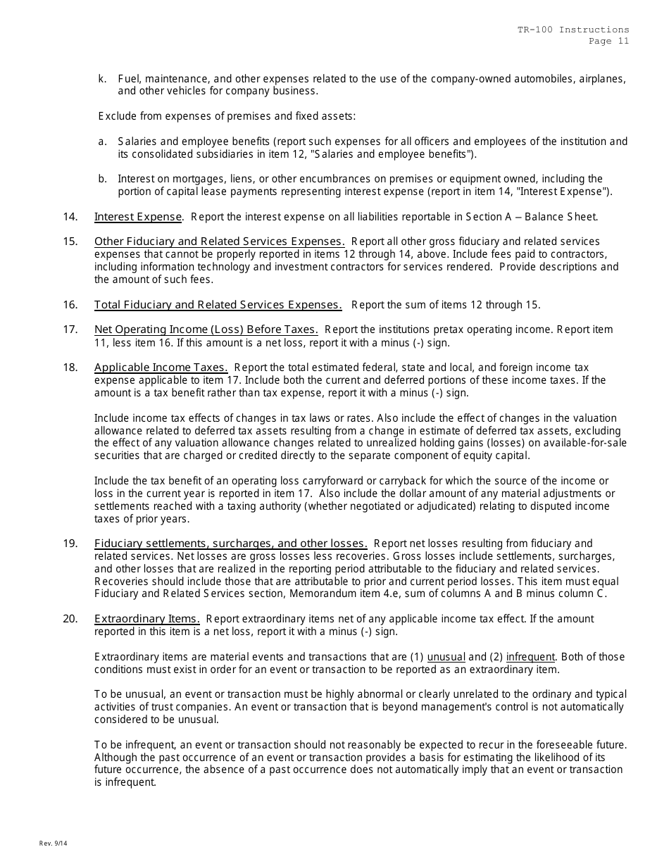 Instructions for Form TR-100 Trust Company Consolidated Report of Condition and Income - Missouri, Page 11