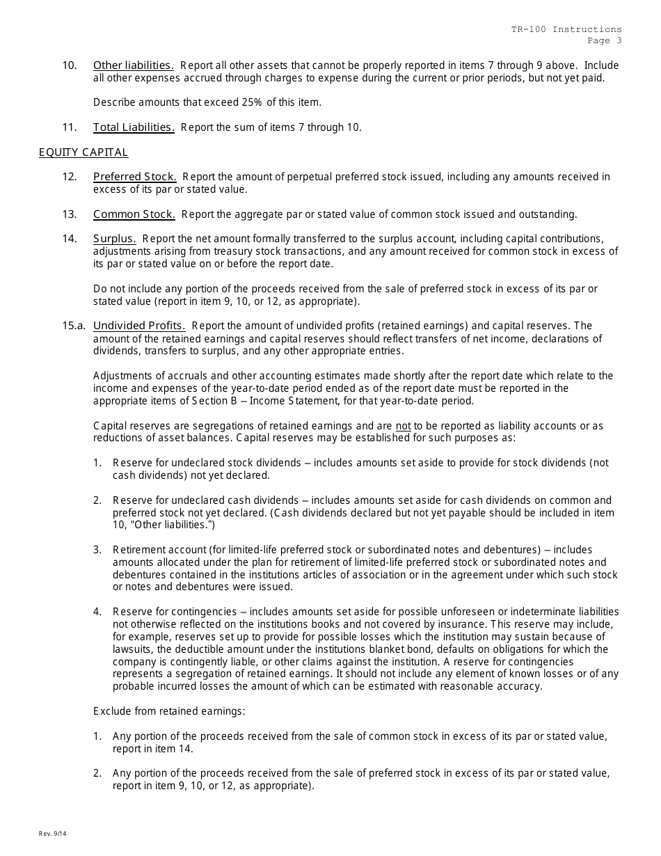 Instructions for Form TR-100 Trust Company Consolidated Report of Condition and Income - Missouri, Page 3