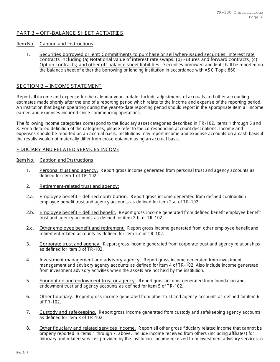 Instructions for Form TR-100 Trust Company Consolidated Report of Condition and Income - Missouri, Page 8