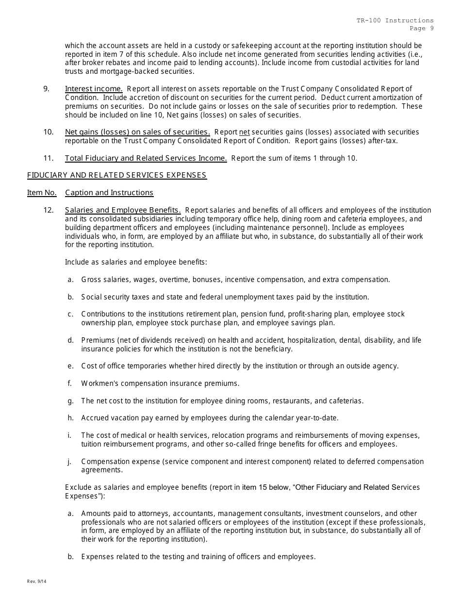 Instructions for Form TR-100 Trust Company Consolidated Report of Condition and Income - Missouri, Page 9