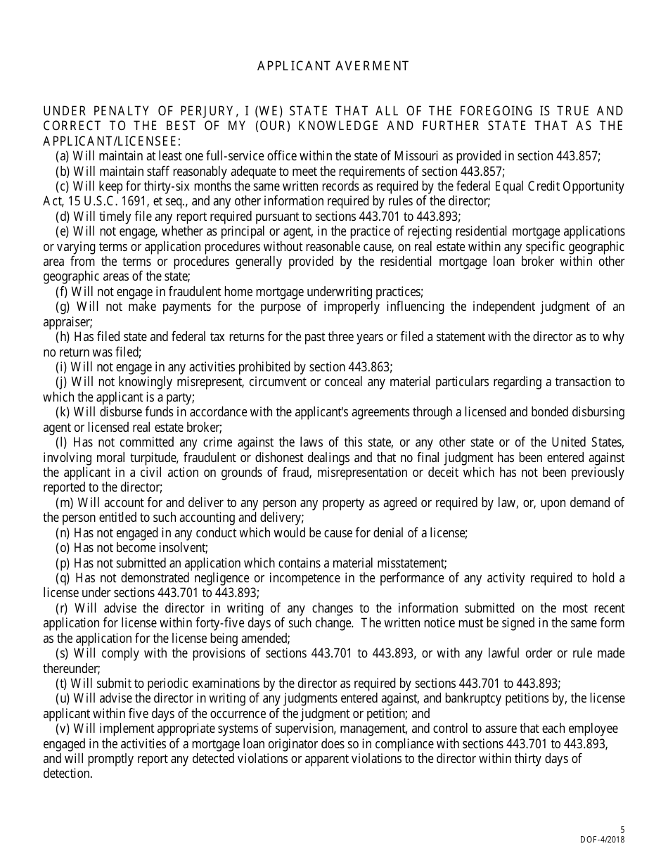Application for Renewal of Residential Mortgage Loan Broker License - Missouri, Page 5