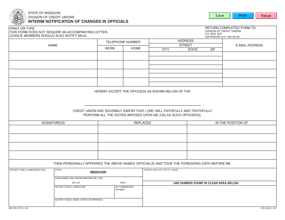Form MO375-0775 Interim Notification of Changes in Officials - Missouri, Page 1
