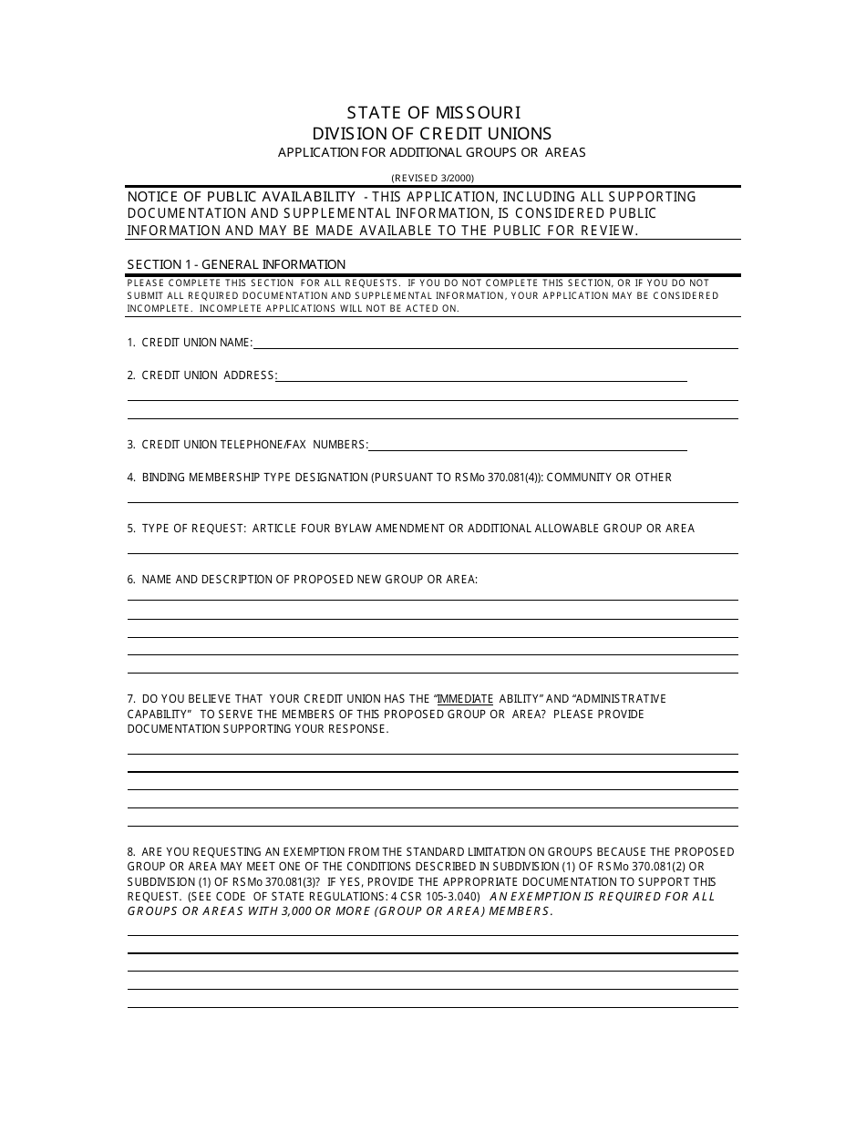 Application for Additional Groups or Geographic Areas - Missouri, Page 1