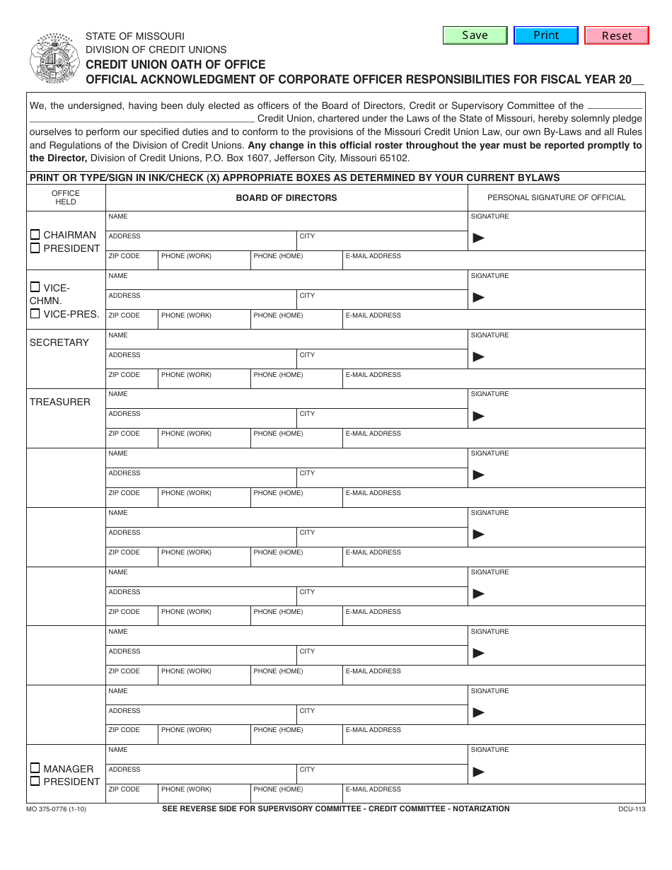Form MO375-0776 Credit Union Oath of Office - Missouri, Page 1