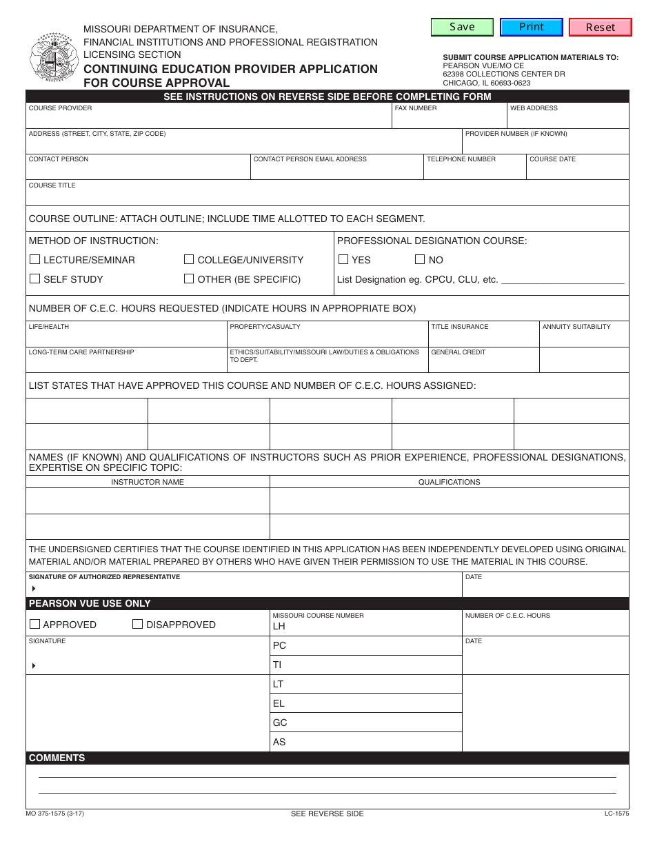 Form MO375-1575 Continuing Education Provider Application for Course Approval - Missouri, Page 1