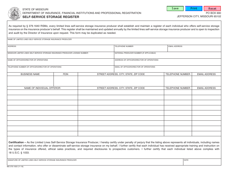 Form MO375-1003 Self-service Storage Register - Missouri, Page 1