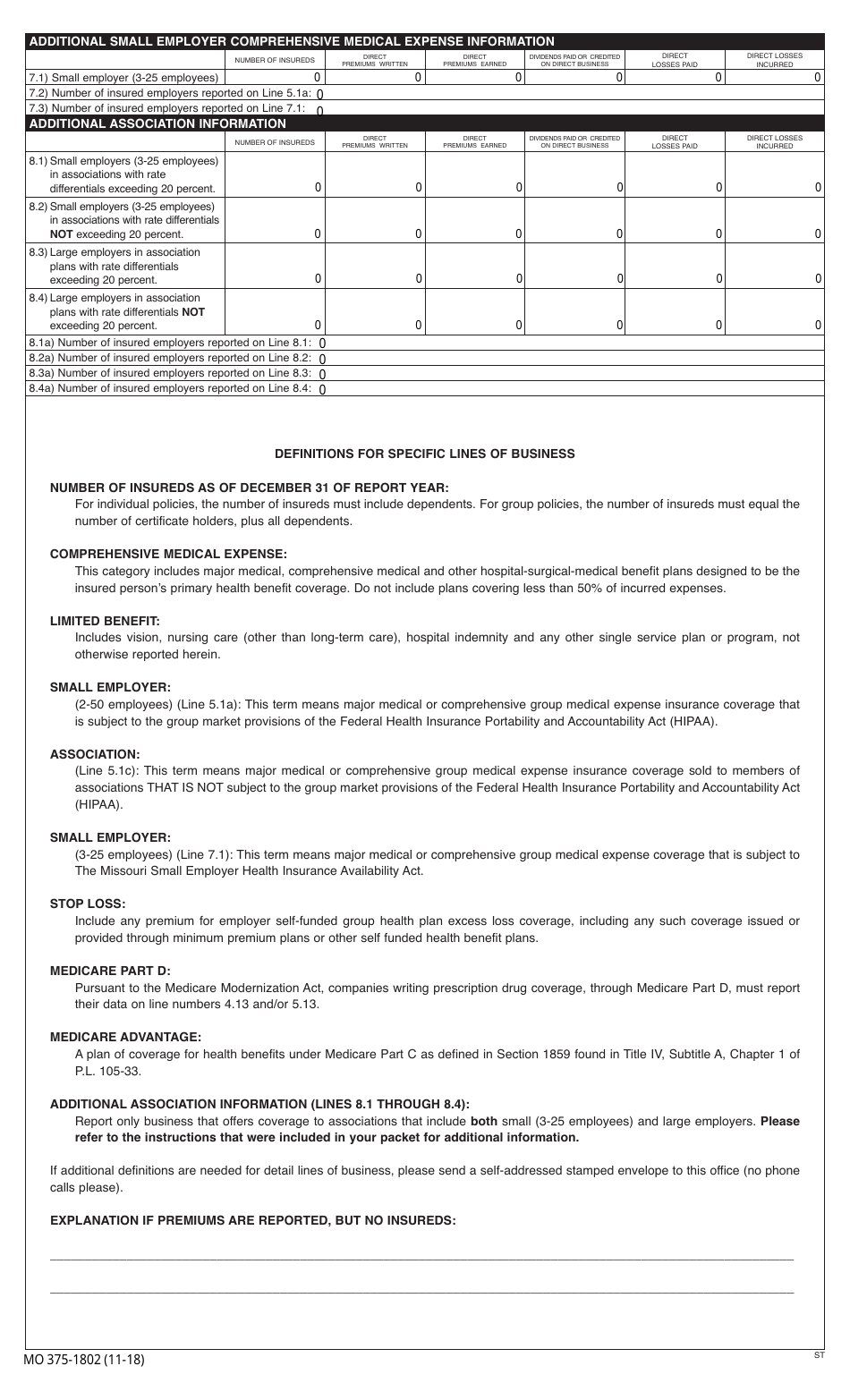 Form MO375-1802 Annual Statement Supplement for Missouri - Missouri, Page 2