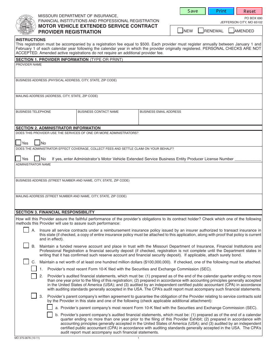 Form MO375-0676 Motor Vehicle Extended Service Contract Provider Registration - Missouri, Page 1