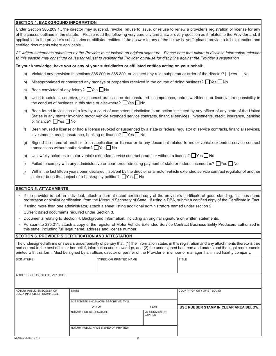 Form MO375-0676 Motor Vehicle Extended Service Contract Provider Registration - Missouri, Page 2