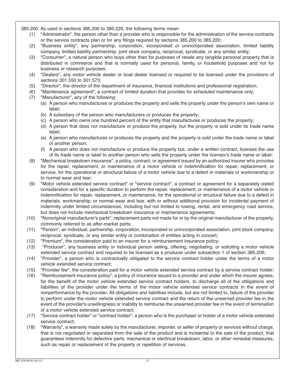 Form MO375-0676 Motor Vehicle Extended Service Contract Provider Registration - Missouri, Page 3