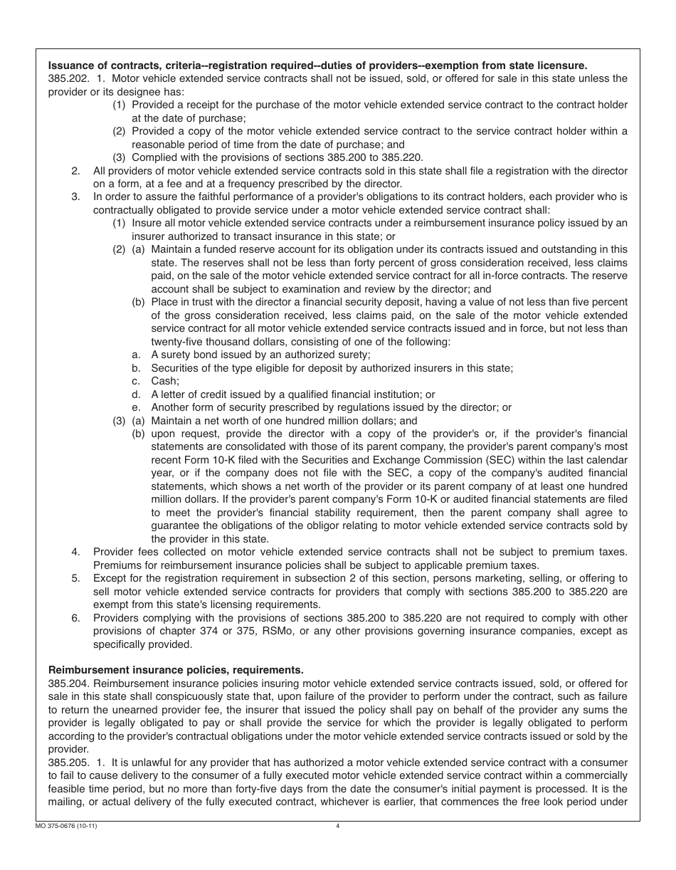 Form MO375-0676 Motor Vehicle Extended Service Contract Provider Registration - Missouri, Page 4