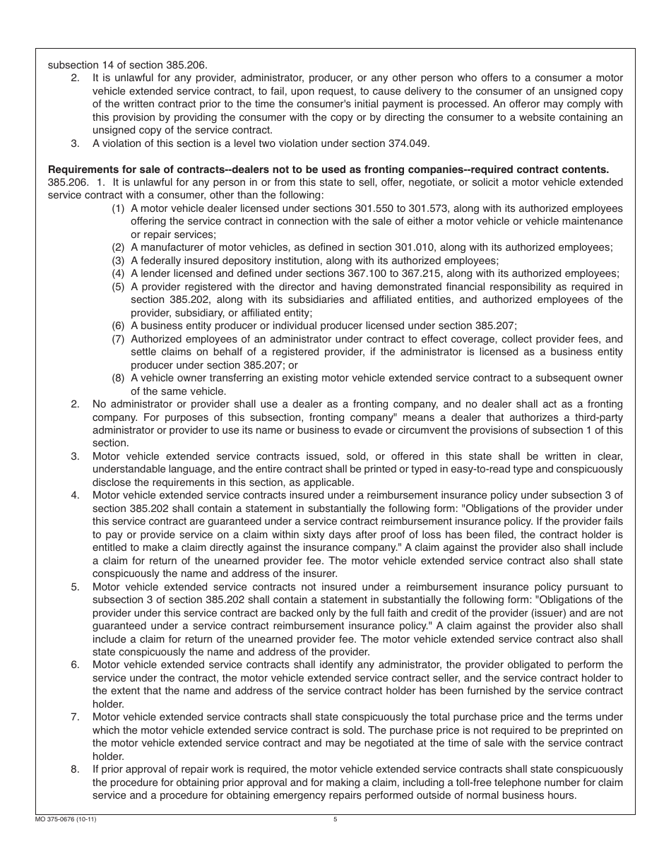 Form MO375-0676 Motor Vehicle Extended Service Contract Provider Registration - Missouri, Page 5