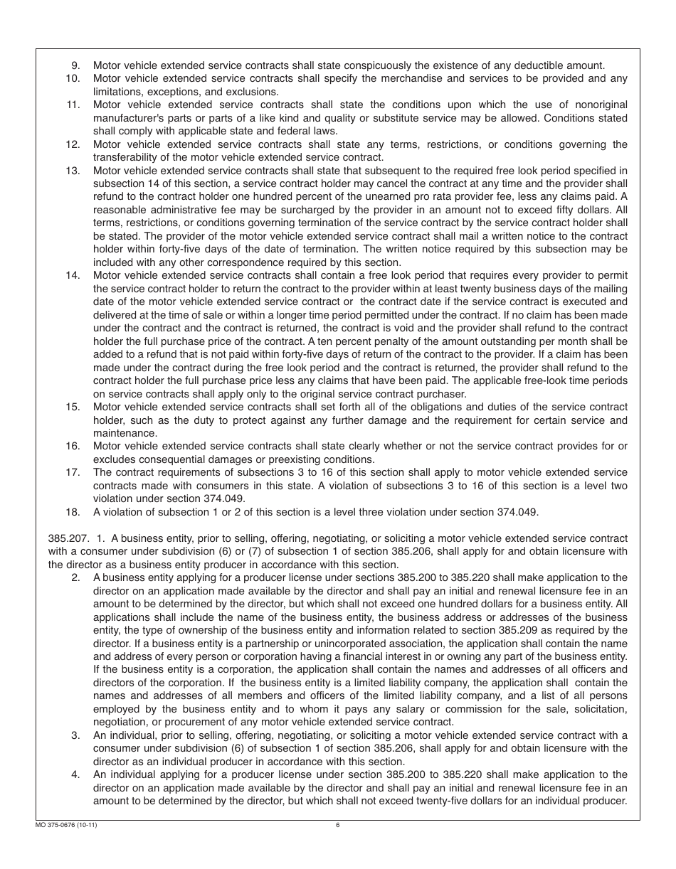 Form MO375-0676 Motor Vehicle Extended Service Contract Provider Registration - Missouri, Page 6