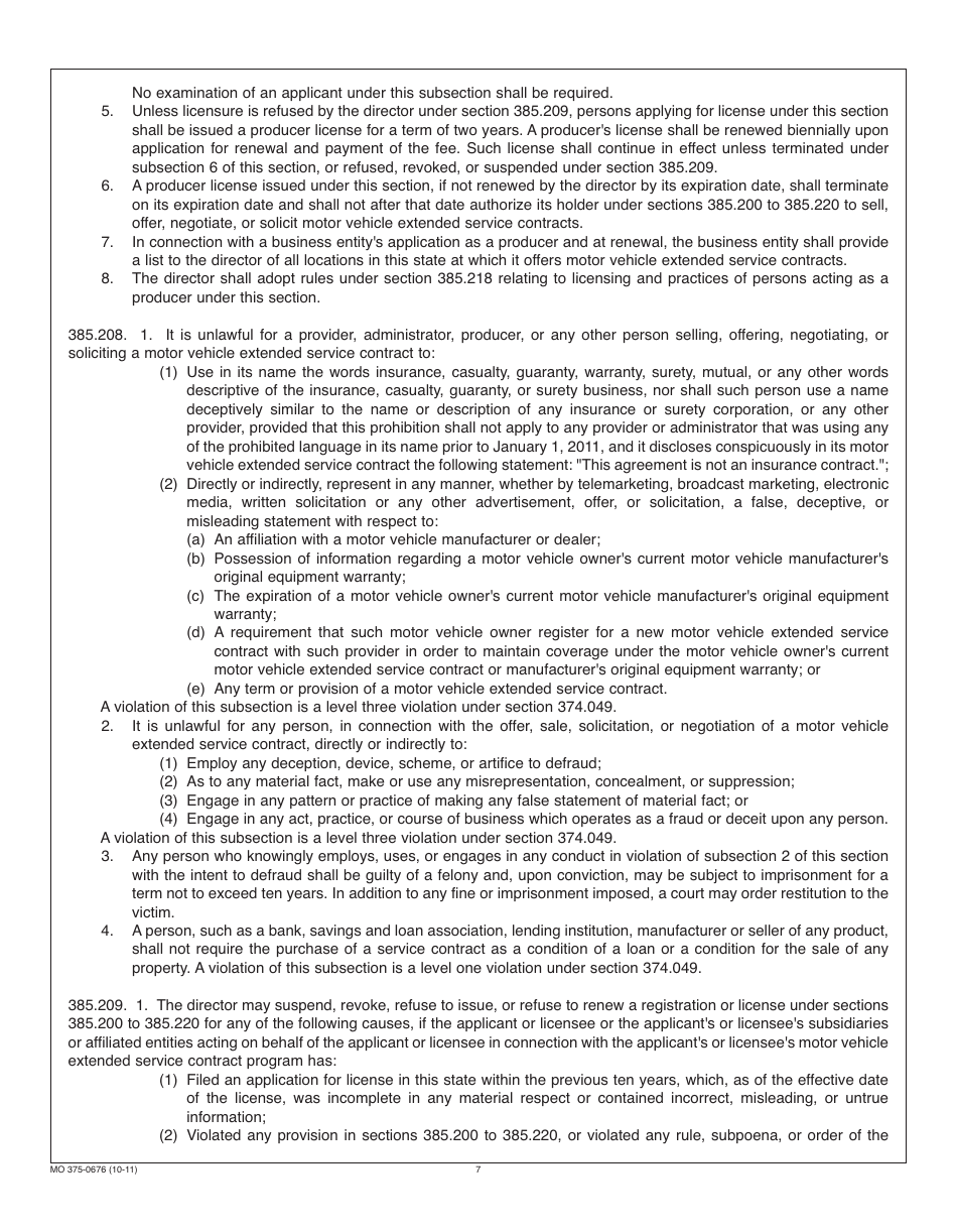 Form MO375-0676 Motor Vehicle Extended Service Contract Provider Registration - Missouri, Page 7