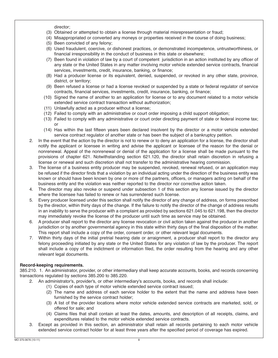 Form MO375-0676 Motor Vehicle Extended Service Contract Provider Registration - Missouri, Page 8