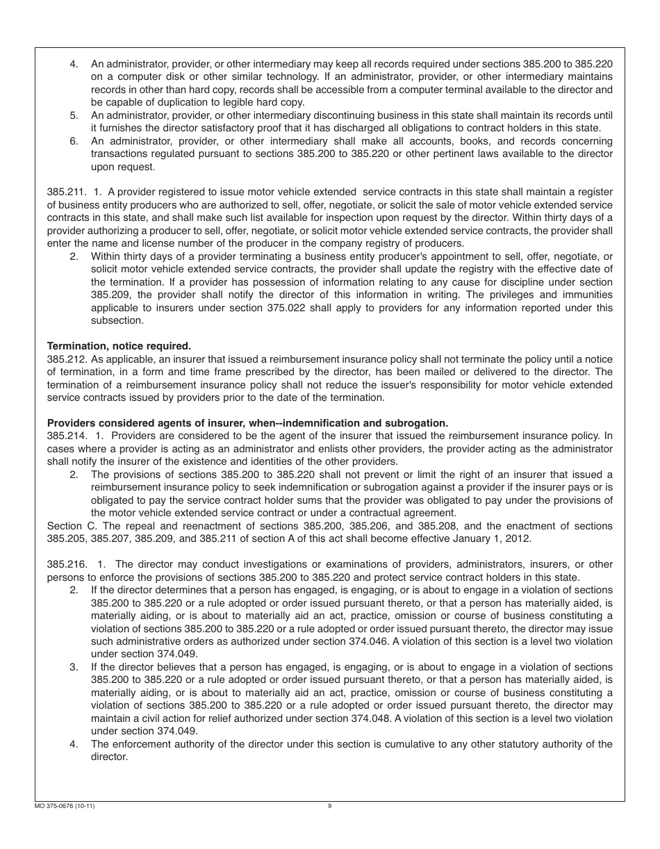 Form MO375-0676 Motor Vehicle Extended Service Contract Provider Registration - Missouri, Page 9