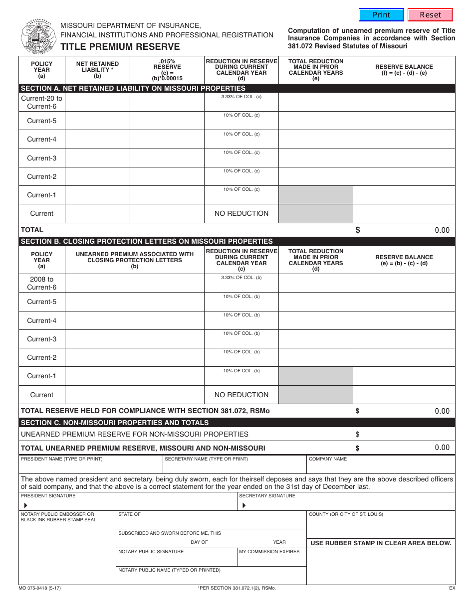 Form MO375-0418 Title Premium Reserve Worksheet - Missouri, Page 1