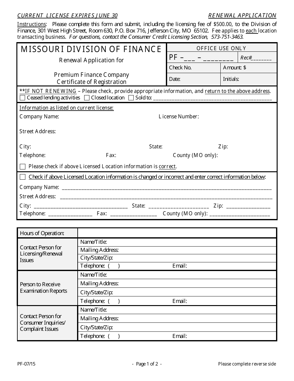 Renewal Application for Premium Finance Company Certificate of Registration - Missouri, Page 1