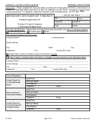 Document preview: Renewal Application for Premium Finance Company Certificate of Registration - Missouri