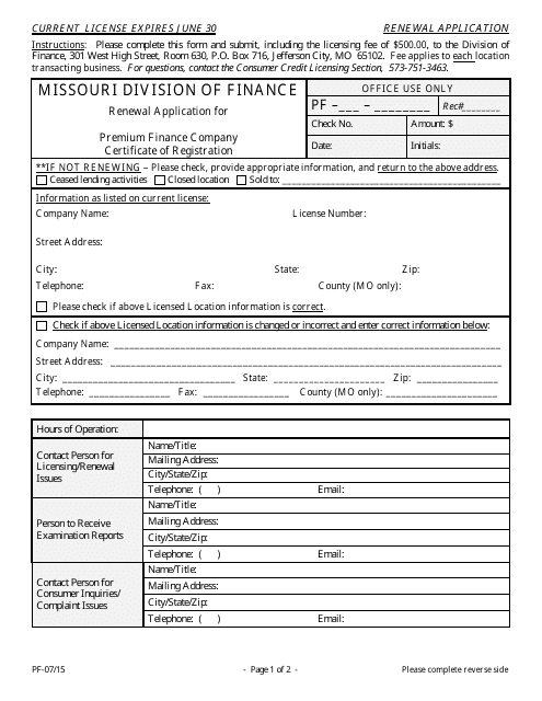 Renewal Application for Premium Finance Company Certificate of Registration - Missouri Download Pdf