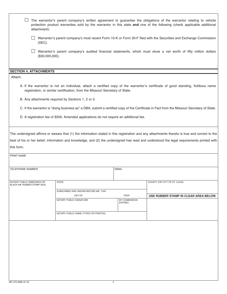 Form MO375-0686 Vehicle Protection Product Warrantor Registration - Missouri, Page 2