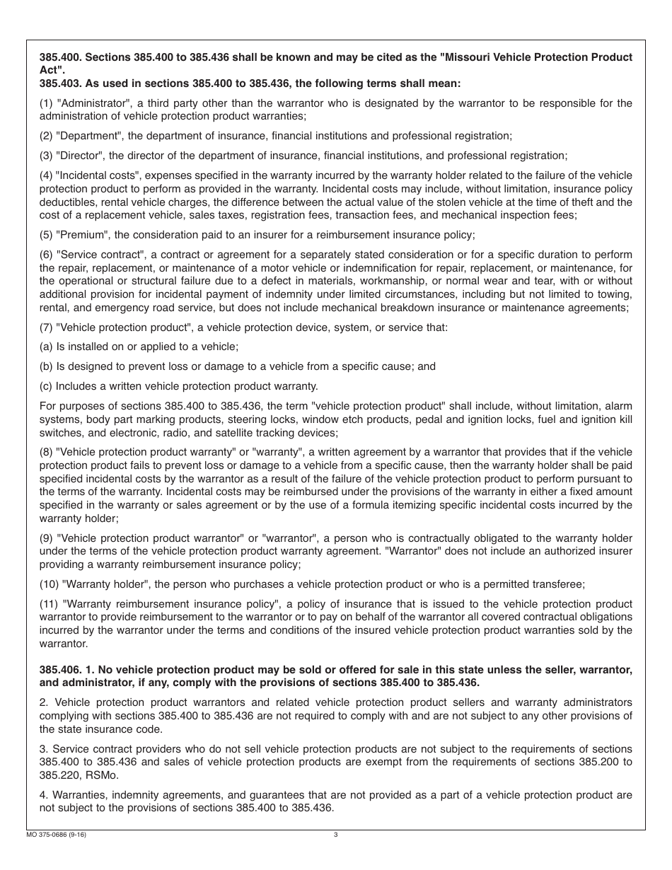 Form MO375-0686 Vehicle Protection Product Warrantor Registration - Missouri, Page 3