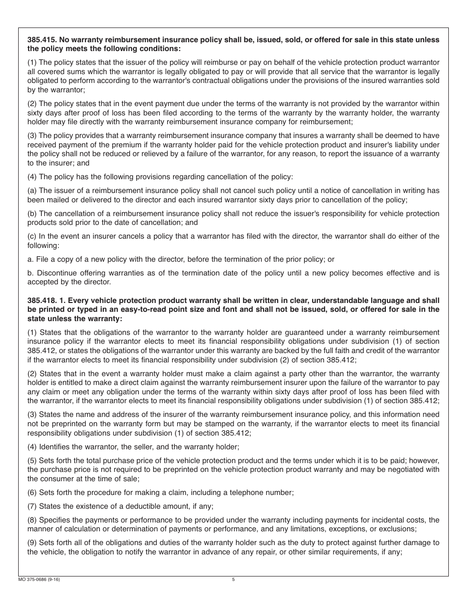 Form MO375-0686 Vehicle Protection Product Warrantor Registration - Missouri, Page 5