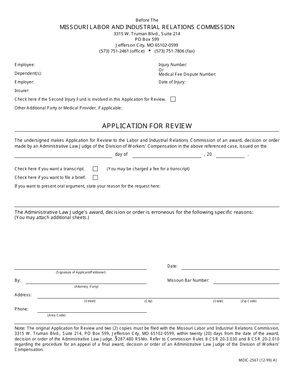Form MOIC-2567 Application for Review - Missouri, Page 1
