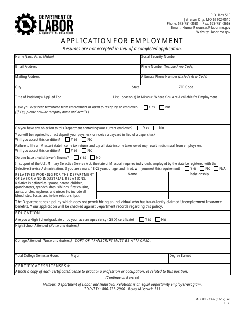 Form MODOL-2396 Application for Employment - Missouri