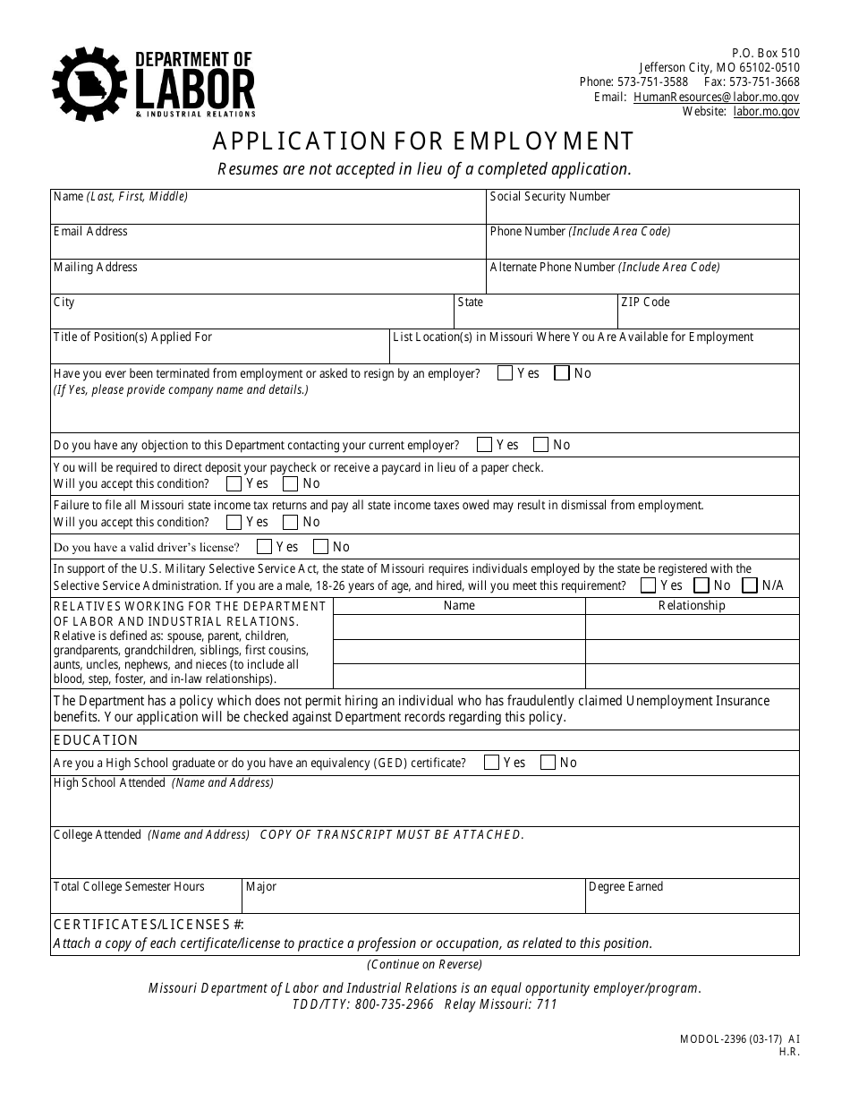 Form MODOL-2396 Application for Employment - Missouri, Page 1