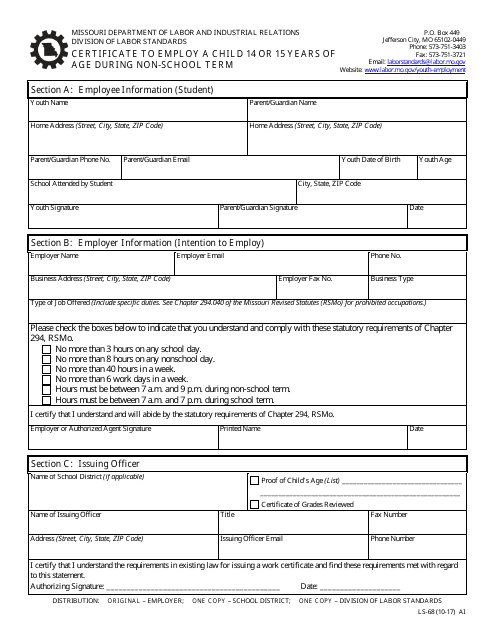 Form LS-68 Certificate to Employ a Child 14 or 15 Years of Age During Non-school Term - Missouri